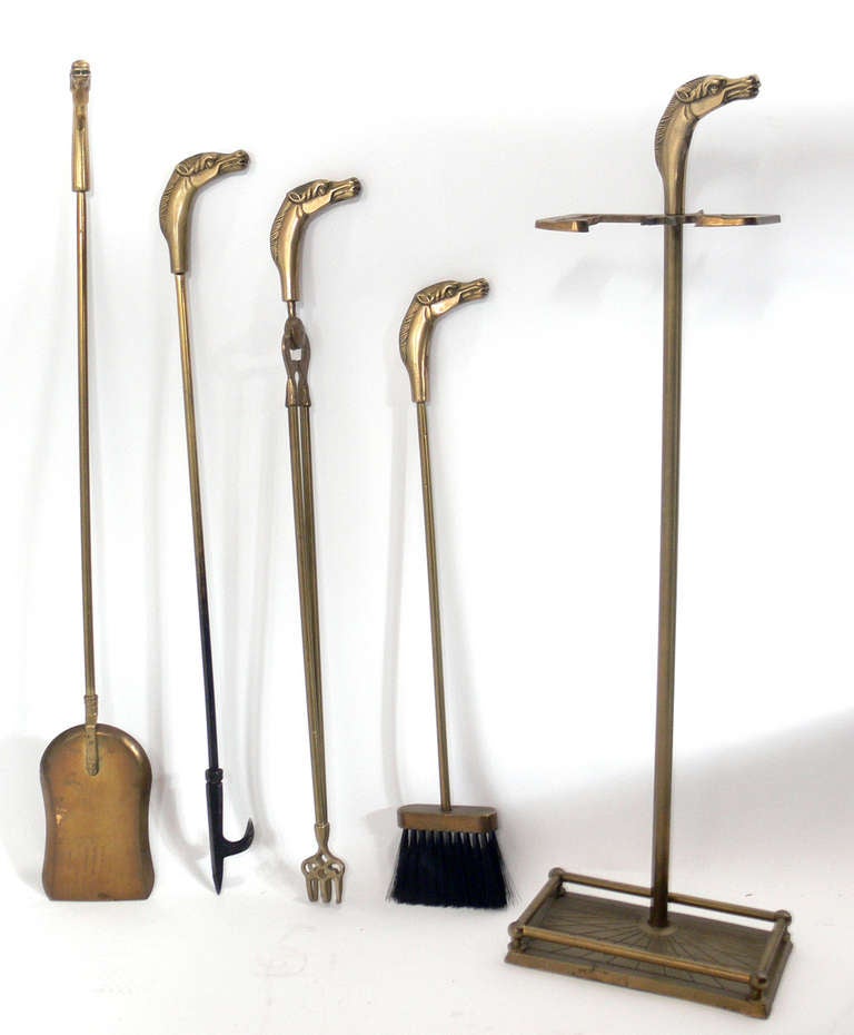 Stylized Horse Andirons and Brass Horse Fire Tools 2