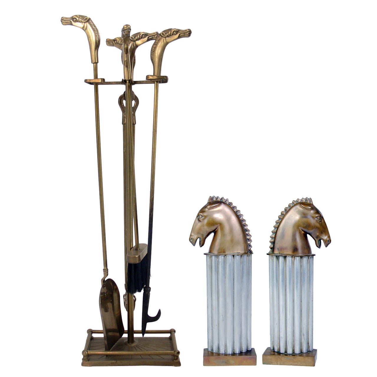 Stylized Horse Andirons and Brass Horse Fire Tools