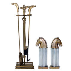 Vintage Stylized Horse Andirons and Brass Horse Fire Tools