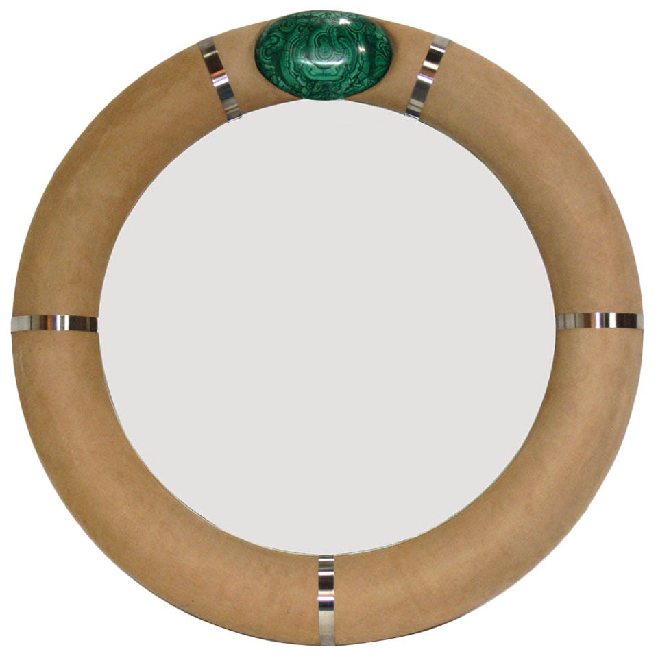 Sculptural Malachite and Suede Mirror by Gene Jonson and Robert Marcius