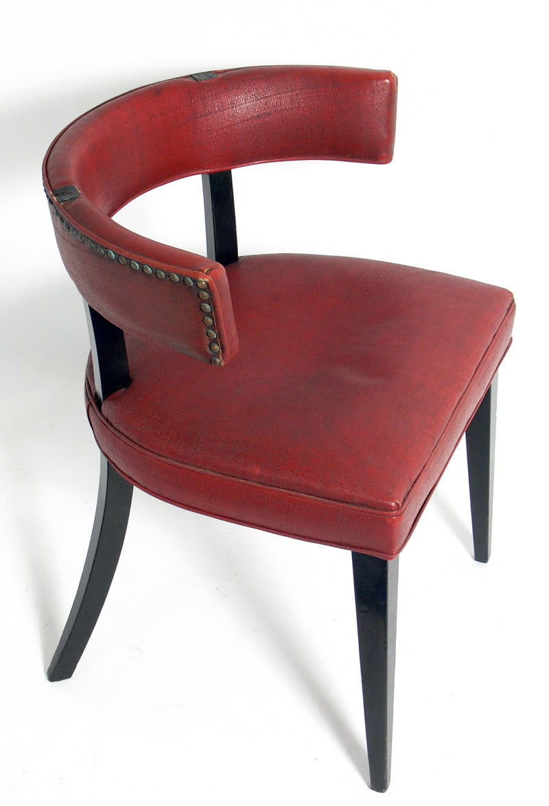 Set of Four Curvaceous Klismos Dining Chairs in the Manner of T.H. Robsjohn Gibbings, American, circa 1950's. This set is currently being refinished and reupholstered and can be completed in your choice of finish color and your fabric. The price