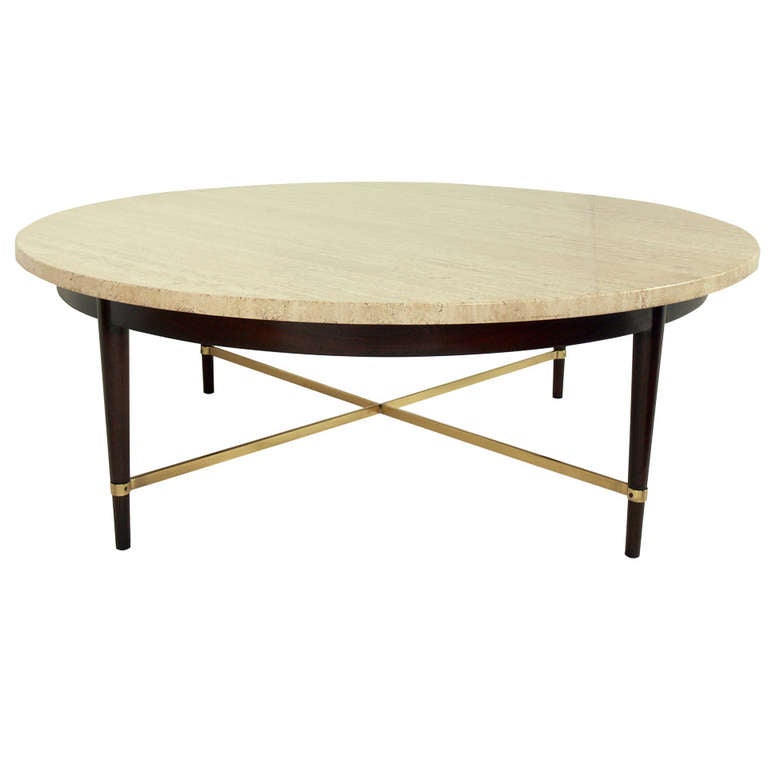 Round Travertine and Brass Coffee Table by Paul McCobb at 1stDibs