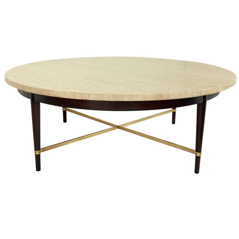 Round Travertine and Brass Coffee Table by Paul McCobb
