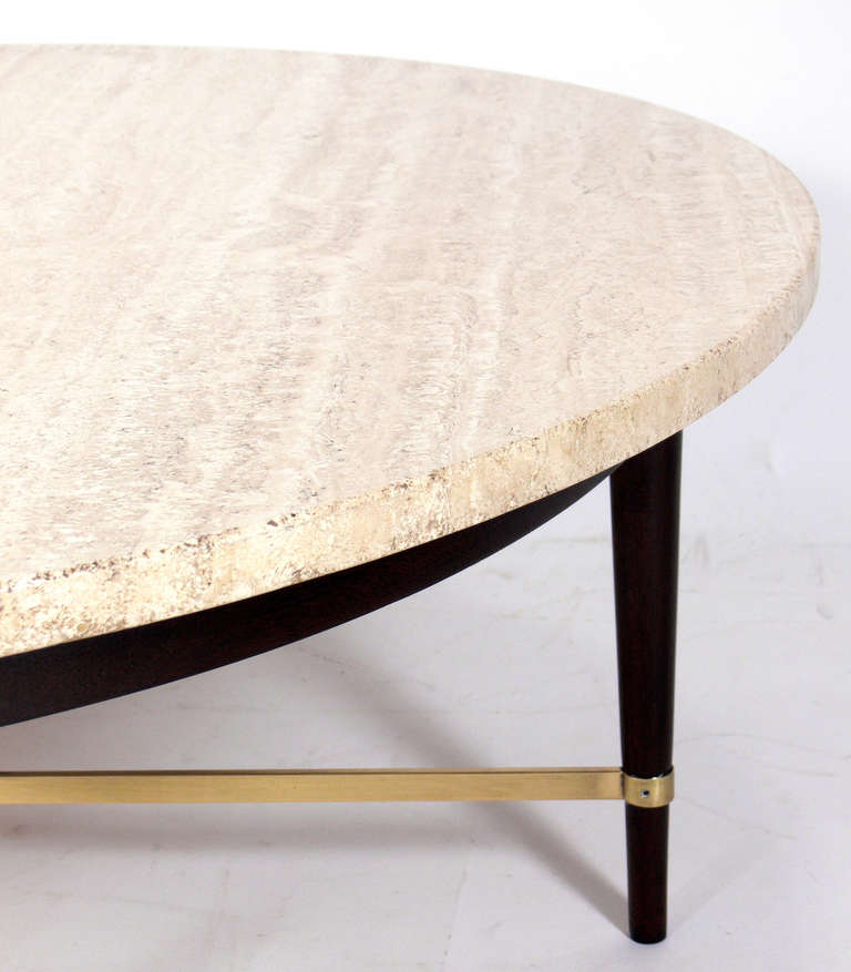 American Round Travertine and Brass Coffee Table by Paul McCobb