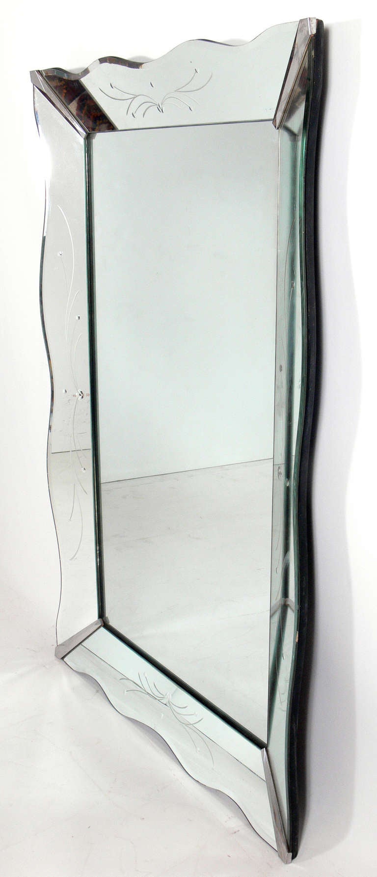 Elegant Scalloped Mirror, circa 1940s. Nicely made with great attention to detail including beveled edges, engraving, and nickel plated corner hardware. This mirror could be used vertically or horizontally. Wired and ready to use.
