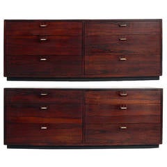 Pair of Low Slung Danish Modern Rosewood and Brass Chests