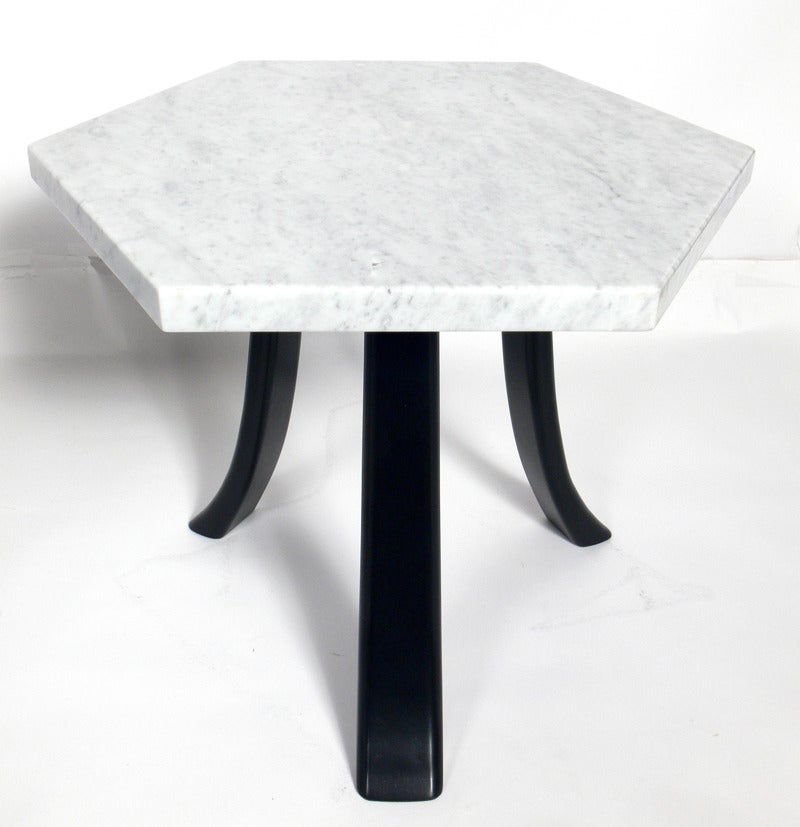 Marble Top Side or End Tables, after Harvey Probber. Probber designed this table in the 1950's. This set was custom made for a client of ours about 5 years ago, and we recently purchased them back from them when they moved to a new home. Low