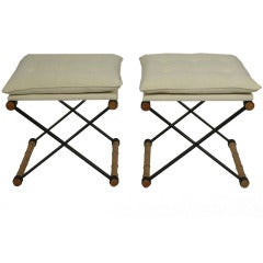 Pair of X Form Iron and Faux Bamboo Stools