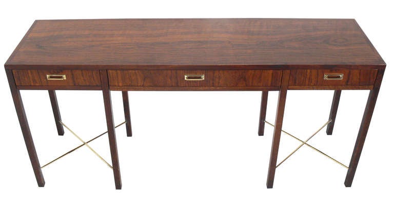 Clean Lined Walnut and Brass Console Table