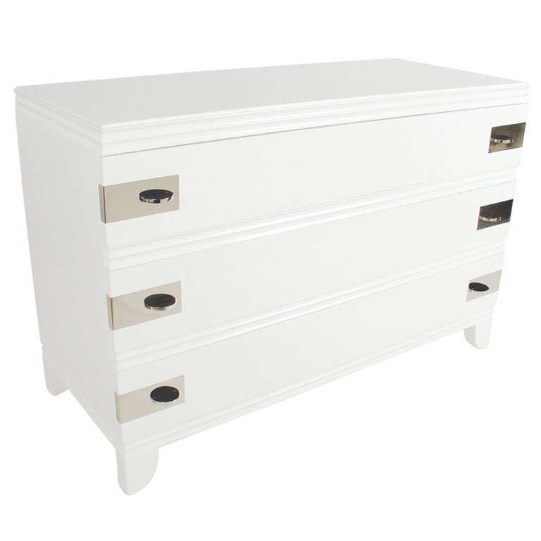 Pair of Low Slung Modernist Chests in White Lacquer with Nickel Hardware