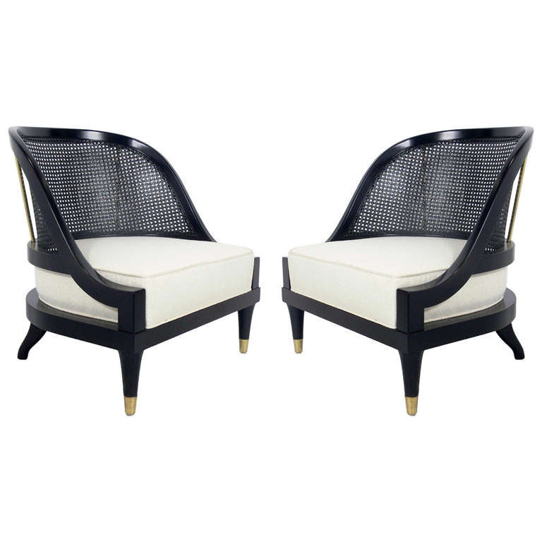 Pair of Curvaceous Black Lacquer and Brass Slipper Chairs