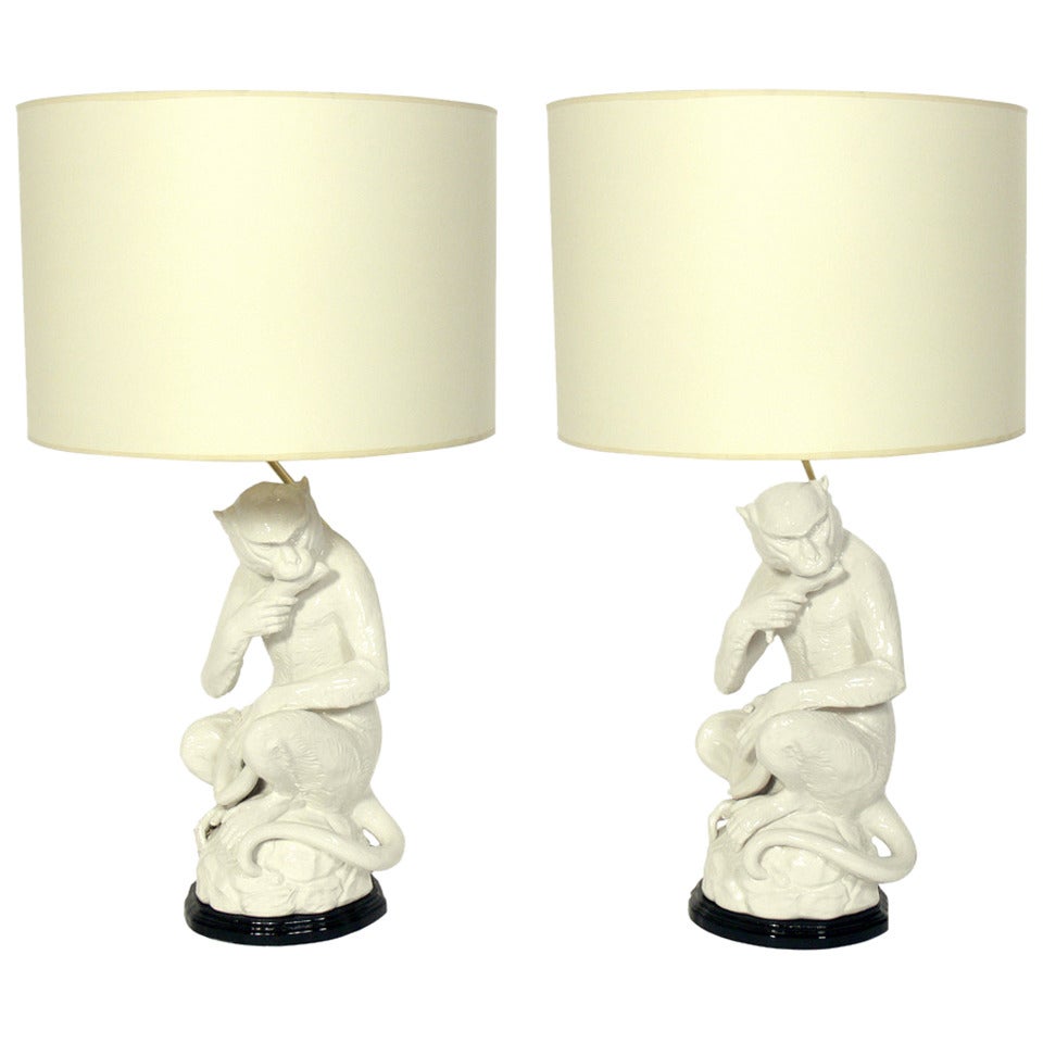 Italian White Ceramic Monkey Lamps