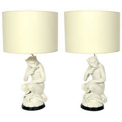 Italian White Ceramic Monkey Lamps