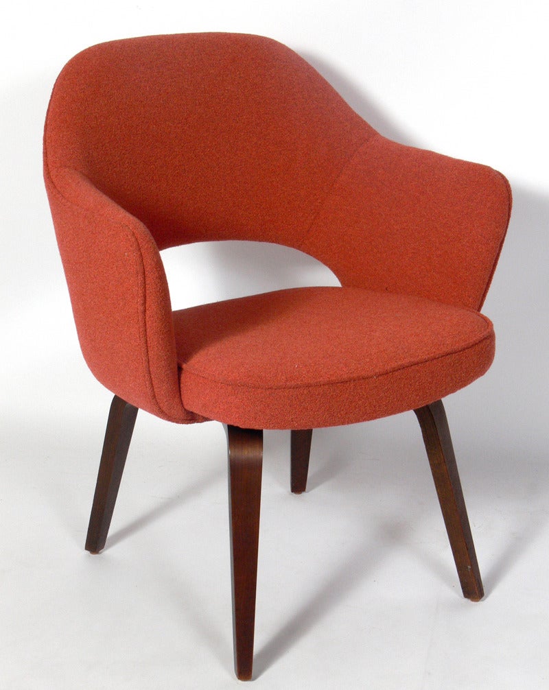 Eero Saarinen Executive Lounge Chair for Knoll, circa 1960's. It has been reupholstered in Knoll tangerine boucle fabric.