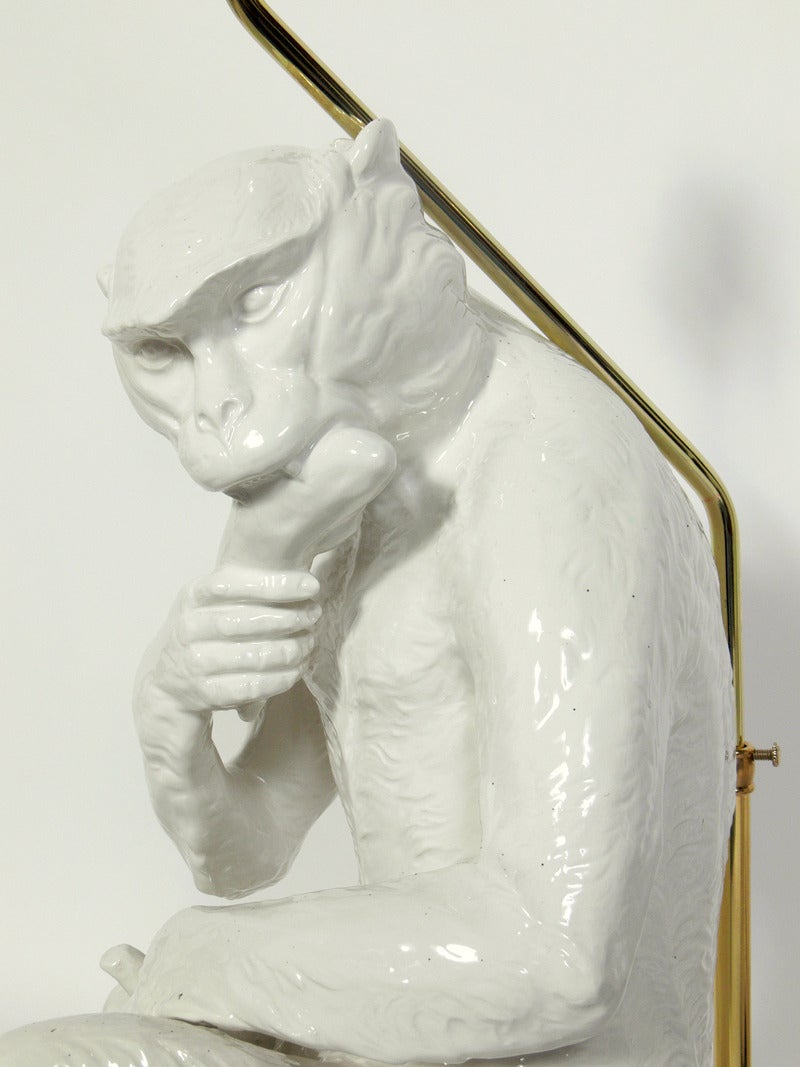 Lacquered Italian White Ceramic Monkey Lamps