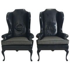 Pair of 1940's Black Leather Wingback Chairs