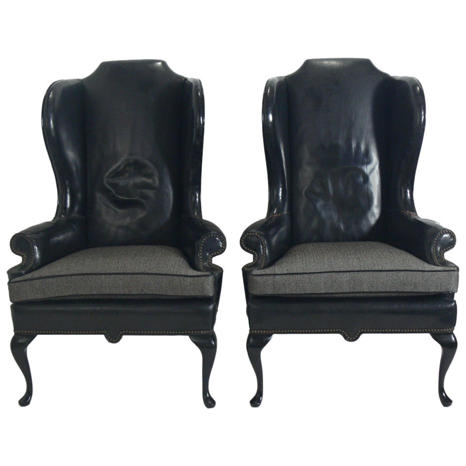 Pair of 1940's Black Leather Wingback Chairs