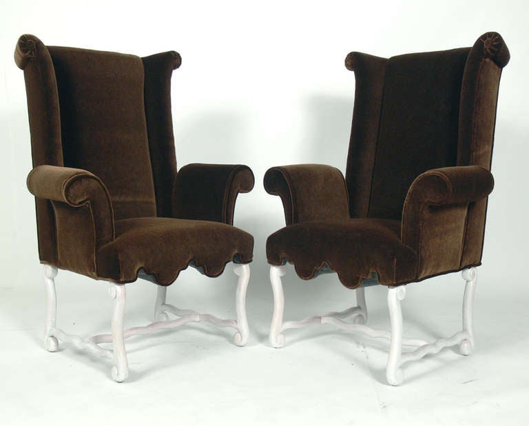 American Pair of Early Wing Back Chairs in Chocolate Mohair