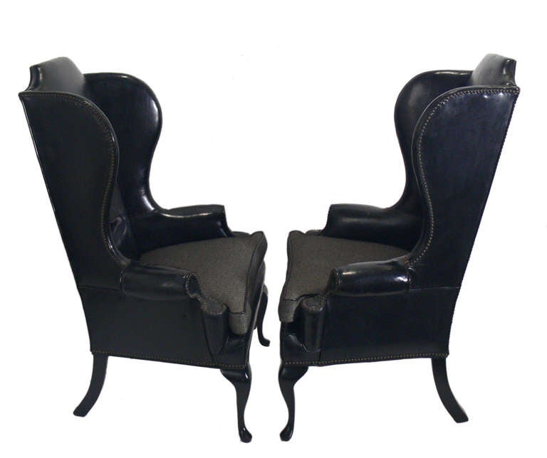 Pair of 1940's Black Leather Wingback Chairs, designed for Bloomingdale's of New York City, 