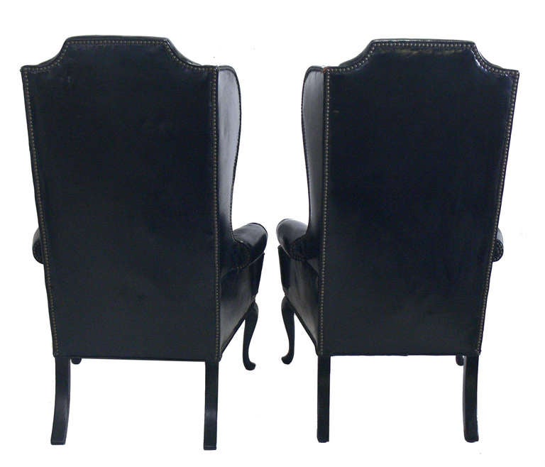 Federal Pair of 1940's Black Leather Wingback Chairs