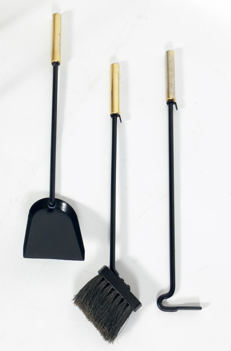 Mid-Century Modern Modernist Set of Black and Brass Fire Tools