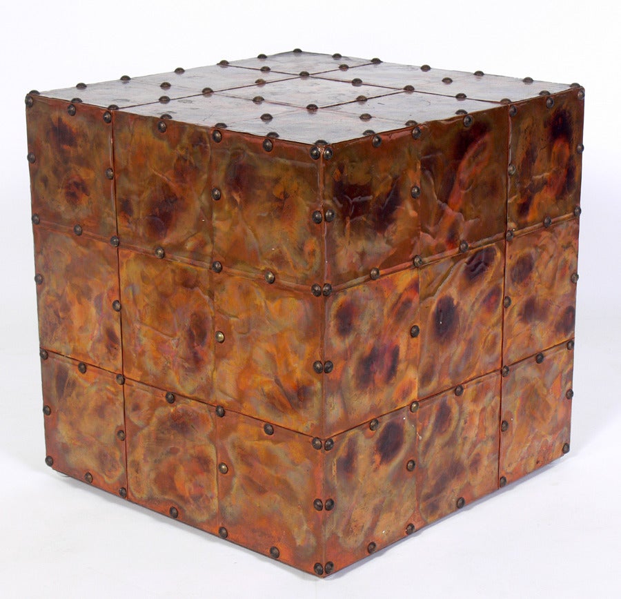 Copper Cube Table with Great Patina, American, circa 1960's. This piece is a versatile size and can be used as an end or side table, or as a night stand.