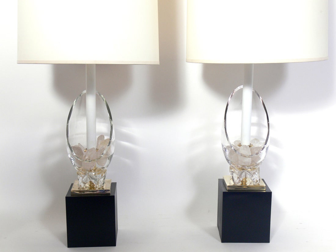 Pair of Glass and Rock Crystal Lamps, American, circa 1960's. The rock crystals look magnificent when the lamps are lit. Rewired and ready to use.