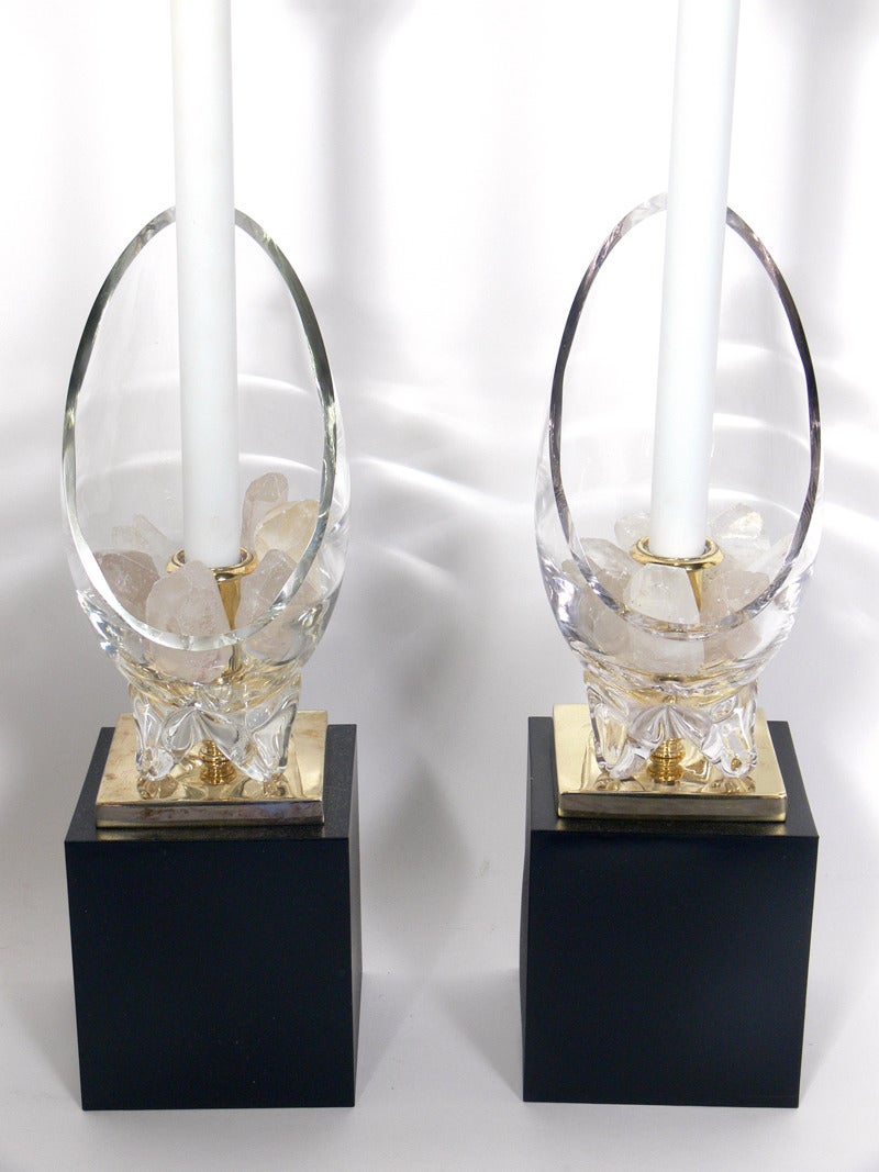 Mid-Century Modern Pair of Glass and Rock Crystal Lamps