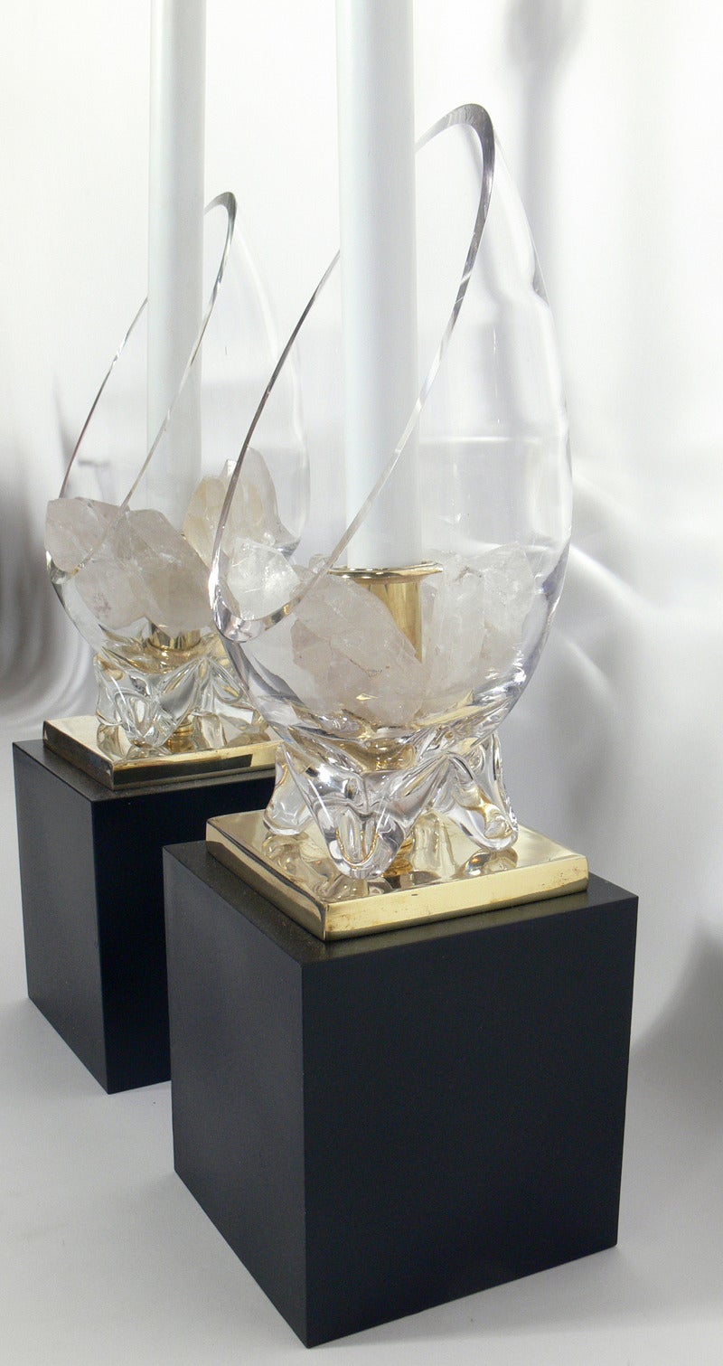 Enameled Pair of Glass and Rock Crystal Lamps