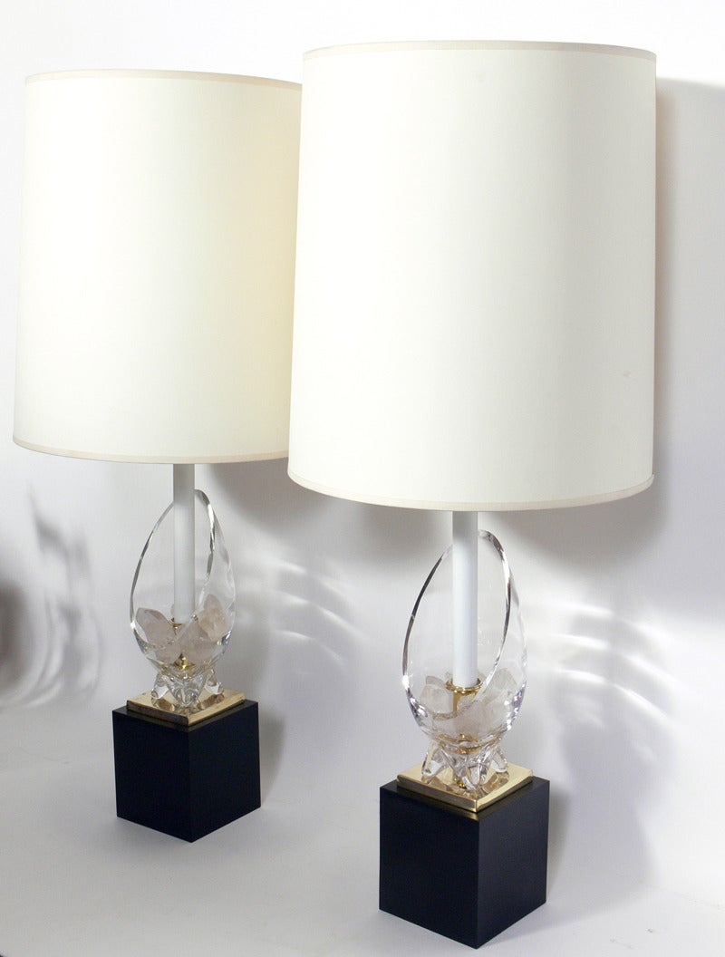Brass Pair of Glass and Rock Crystal Lamps