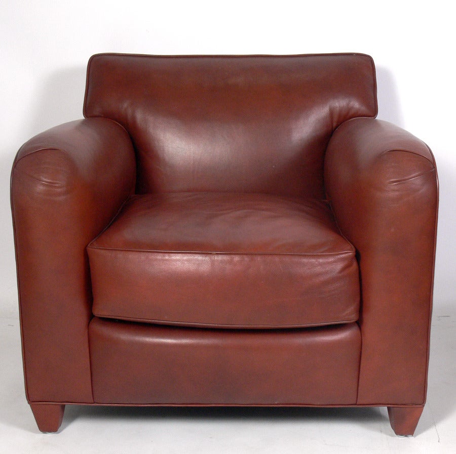 American Donghia Cognac Leather Lounge Chair and Ottoman