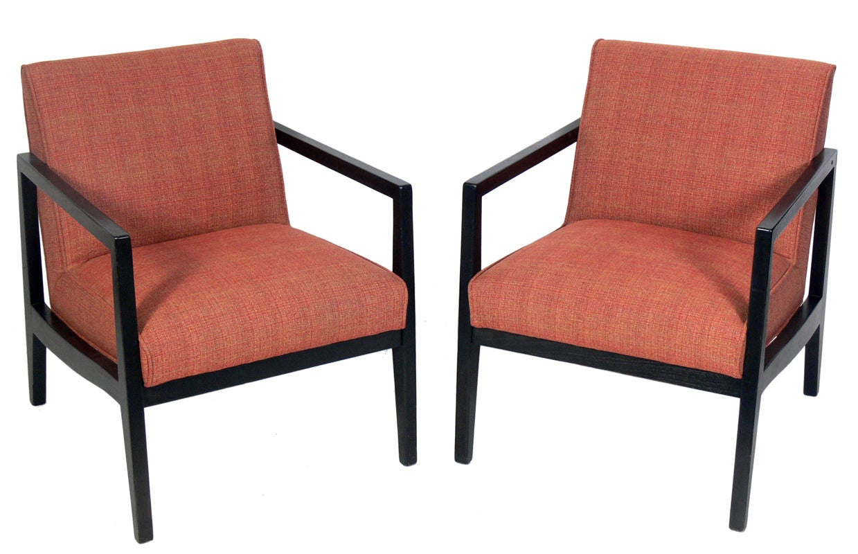 Pair of Modern Lounge Chairs, designed by Edward Wormley for Dunbar, American, circa 1950's. Clean lined elegant design yet also very comfortable.
