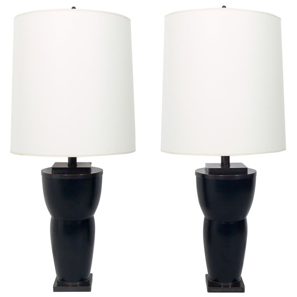 Pair of Sculptural Wood and Bronze Lamps by Nachum Golan