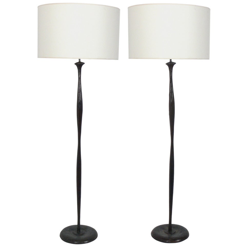 Pair of Sculptural Solid Bronze Floor Lamps after Diego at