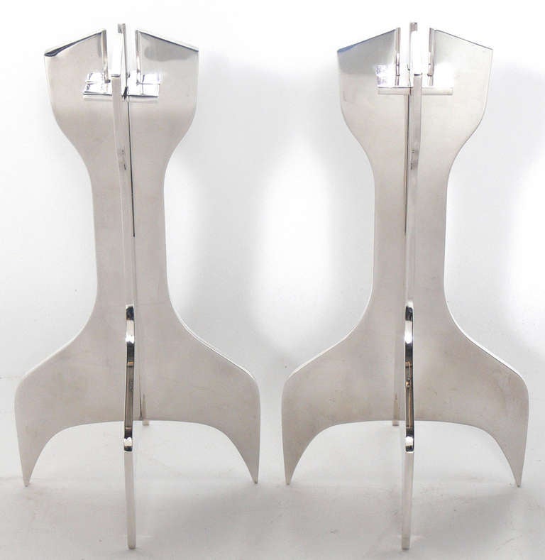 Sculptural Silver Plated Candlesticks, designed by Marcel Breuer for Gavina, circa 1963. We have two pair available. The price noted of $8000 is for one pair of candlesticks. If you would like both pairs(four candlesticks total), the price is