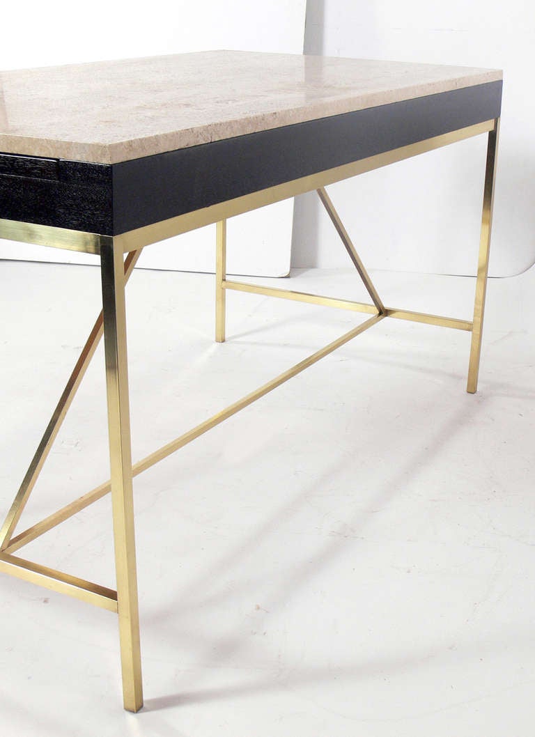 Modernist Travertine and Brass Desk by Paul McCobb 1