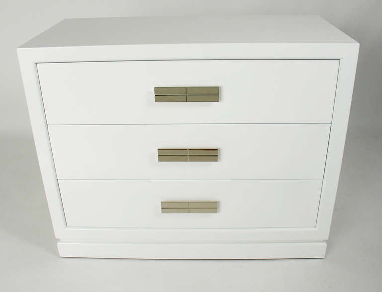 Mid-20th Century Pair of 1940s Chests in White Lacquer with Nickel Hardware