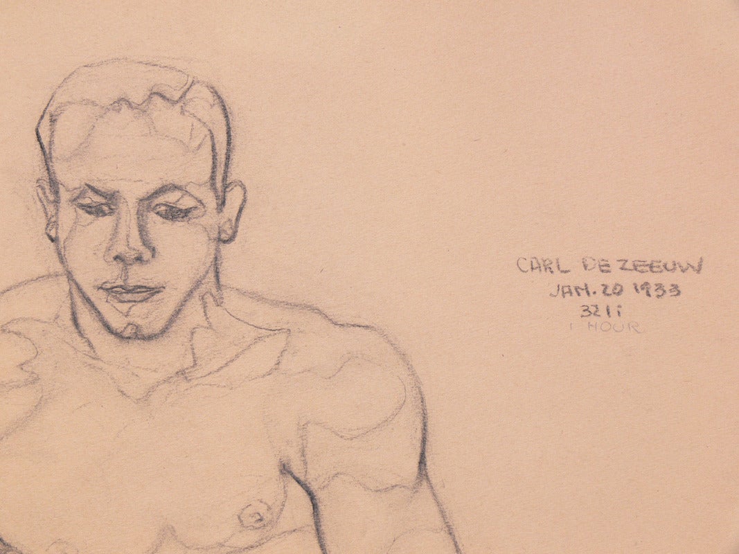 Selection of 1930's Academic Study Drawings of Male Nudes, hand drawn by Carl De Zeeuw, American, circa 1930's. The price noted below is for EACH drawing and does NOT include the frame.
