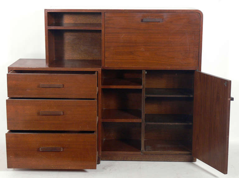 Walnut Art Deco Asymmetrical Bookcase, Credenza, Drop Front Desk by Modernage