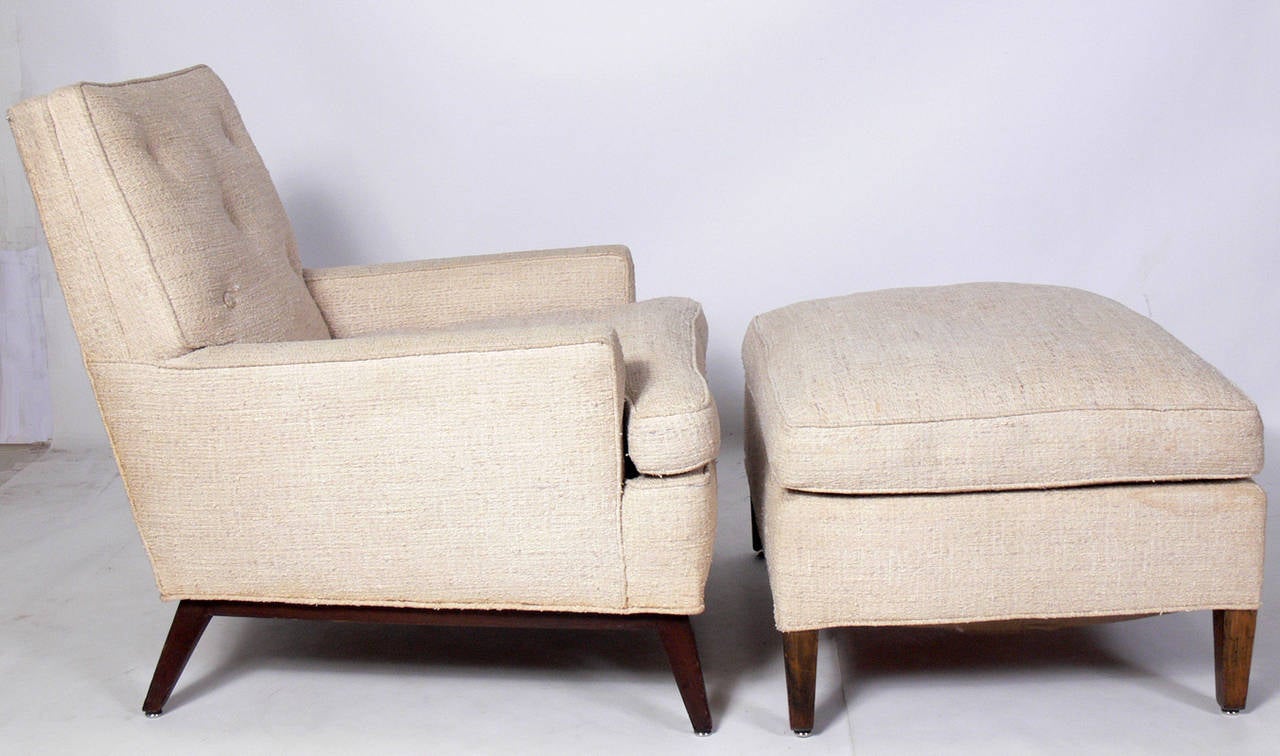 Modern Lounge Chair and Ottoman designed by T.H. Robsjohn Gibbings for Widdicomb, circa 1950's. These pieces are currently being reupholstered and refinished and can be completed in your fabric and your choice of color. The price noted below