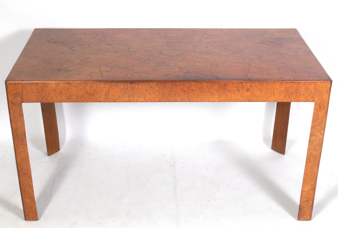 Clean Lined Olive Burl Wood Desk, Italian, circa 1950's. Retains warm original patina and age. This piece is a versatile size and can be used as a desk, console table, or small dining table.