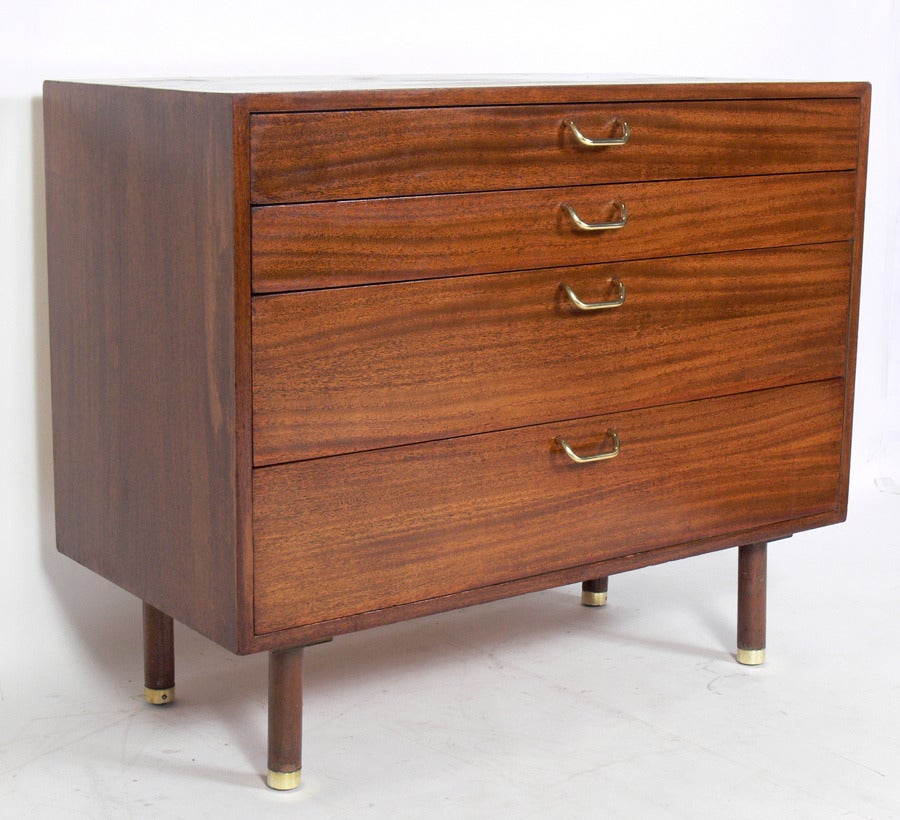 Clean Lined Modern Chest designed by Harvey Probber, American, circa 1960's. This chest is currently being refinished and can be completed in your choice of color. The brass hardware has been hand polished and lacquered.