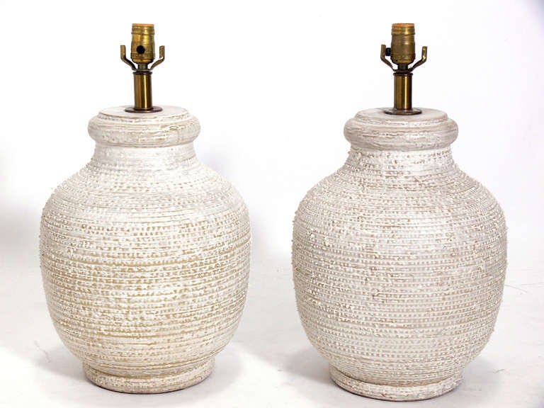 Mid-Century Modern Pair of Ivory Color Textured Ceramic Lamps