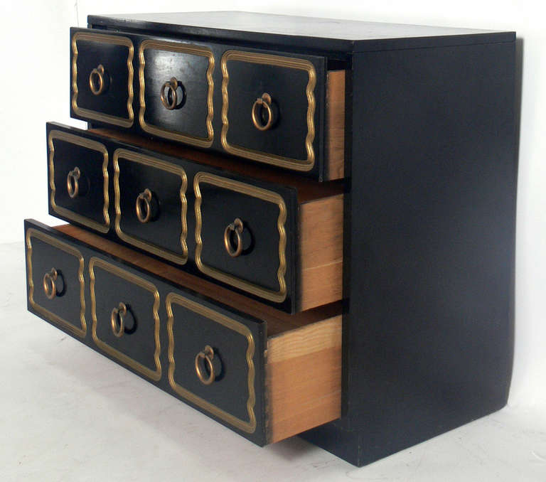 Hollywood Regency Black Lacquered and Gilt Chest and Mirror attributed to Dorothy Draper