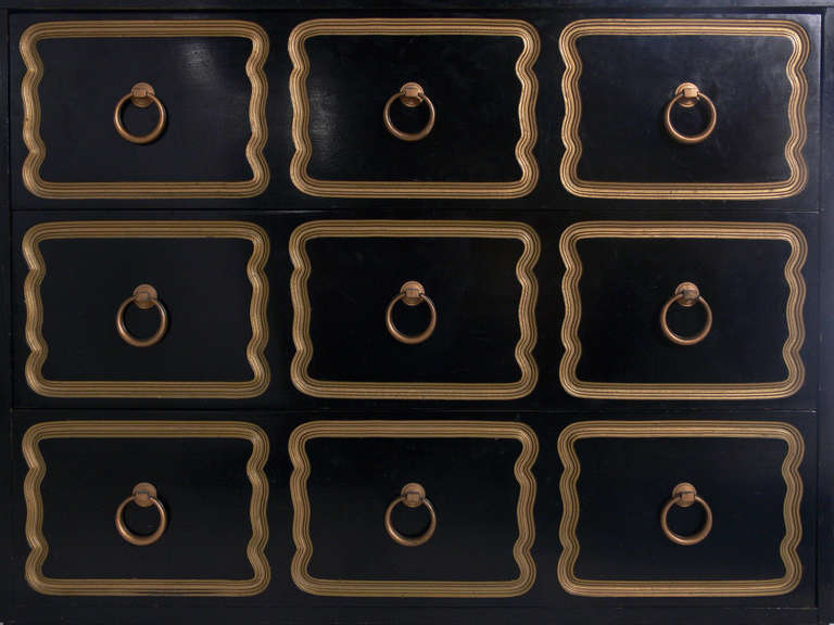 American Black Lacquered and Gilt Chest and Mirror attributed to Dorothy Draper