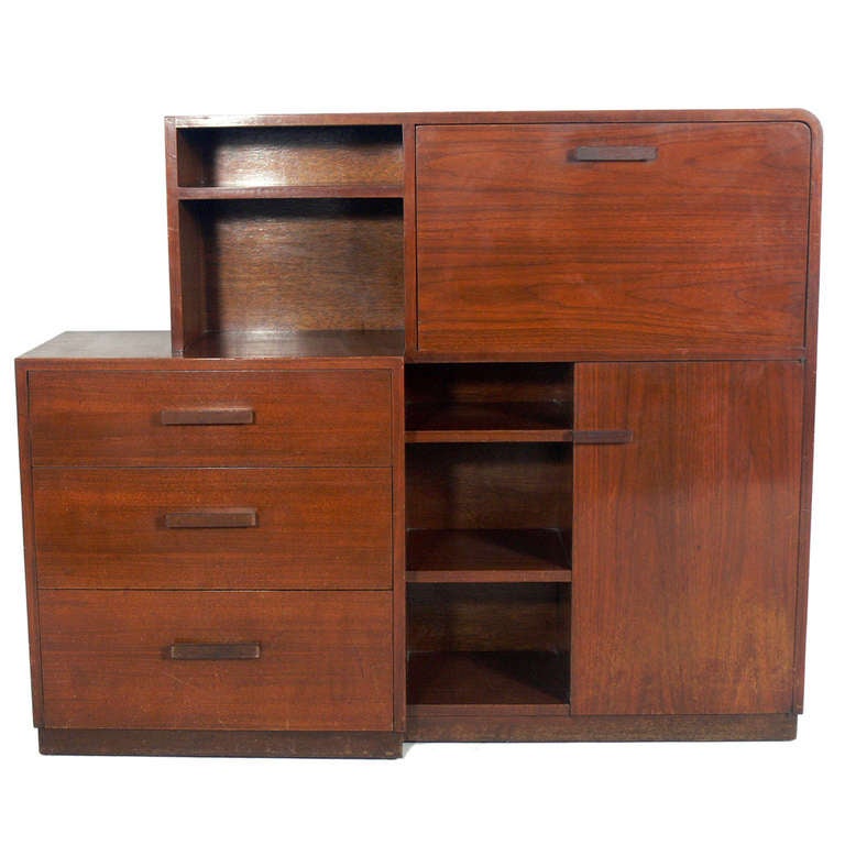 Art Deco Asymmetrical Bookcase, Credenza, Drop Front Desk by Modernage