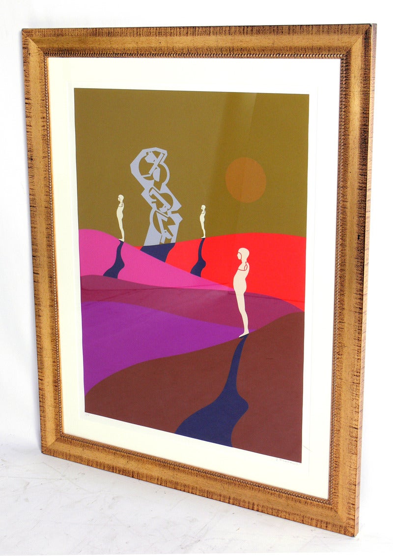 Large Scale Color Lithograph by Ernest Trova, circa 1975. Hand signed and dated by the artist. Framed in an elegant gold leafed wooden frame.