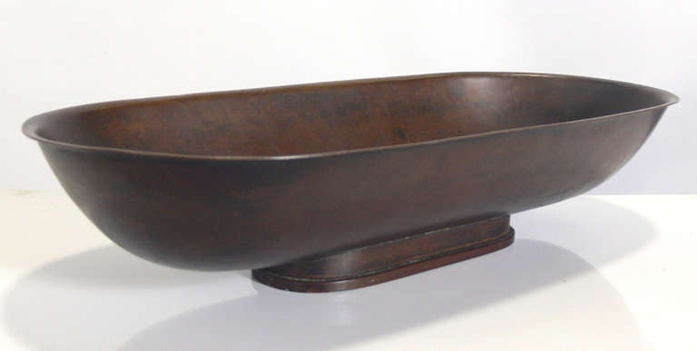 Modernist Centerpiece Bowl, hand made by Dirk Van Erp, circa 1920's. Clean lined design from one of the master metalsmiths of the Arts & Crafts era. It is believed to be constructed of copper with a warm bronze patina. 