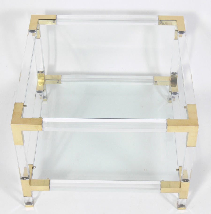 American Pair of Lucite and Brass End Tables