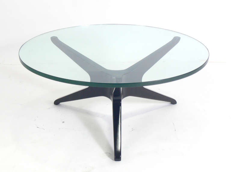 Sculptural "Trisymmetric" Coffee Table Base, designed by Vladamir Kagan, circa 1960's. It has been recently refinished in an ultra-deep brown lacquer. The glass seen in this photo is NOT included, as it has numerous scratches, and it will